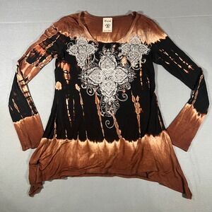 Vocal Top Womens Long Sleeve Tie Dye Rhinestone Embellished‎ Western Blouse